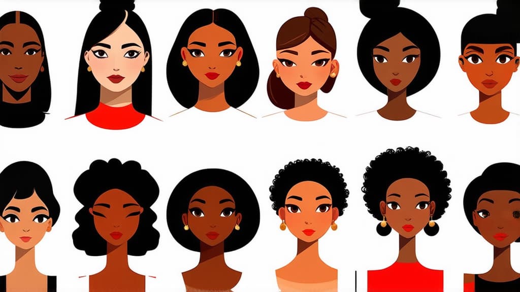  flat illustration, flaticon, (illustration:1.15), different beauty. set of different female heads. different races and nationalities. colored hand drawn illustration ar 16:9, [cory loftis, strobist, pascal campion :: 0.2]