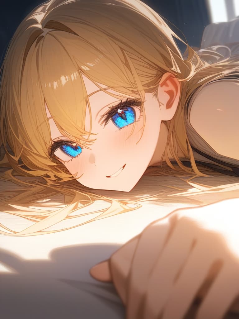  blond, girl, lying down, smiling, blue eyes, masterpiece, best quality,8k,ultra detailed,high resolution,an extremely delicate and beautiful,hyper detail