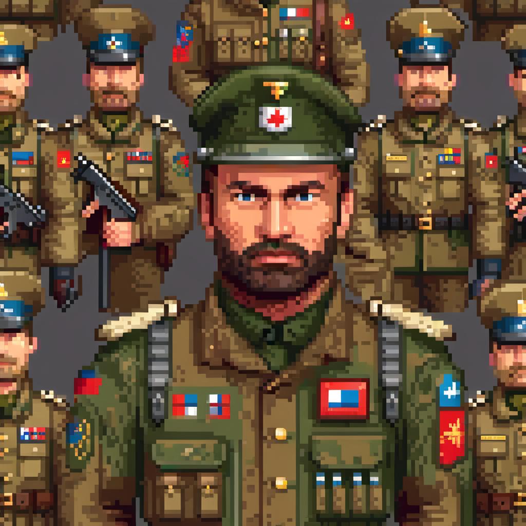  pixel art russian soldier games icon . low res, blocky, pixel art style, 8 bit graphics hyperrealistic, full body, detailed clothing, highly detailed, cinematic lighting, stunningly beautiful, intricate, sharp focus, f/1. 8, 85mm, (centered image composition), (professionally color graded), ((bright soft diffused light)), volumetric fog, trending on instagram, trending on tumblr, HDR 4K, 8K