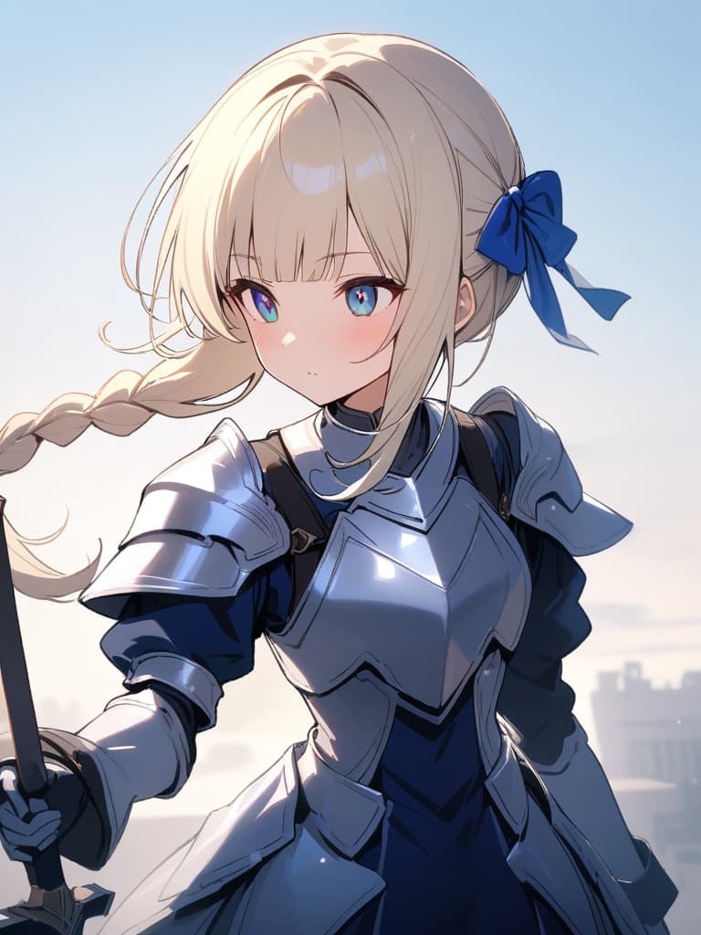  ultra detailed:1.2,masterpiece:1.2,best quality,masterpiece,bestquality,hdr:1.1,8k:1.1,very cute girl:1.3,(silver armor dress,blue dress:1.3)(blond hair,chignon:1.7),(braided side hair ,blunt bangs:1.6),(blue head ribbon:1.1),(blue eyes:1.3),(holding great sword:1.6)dignified expression:1.3,upper body:1.3