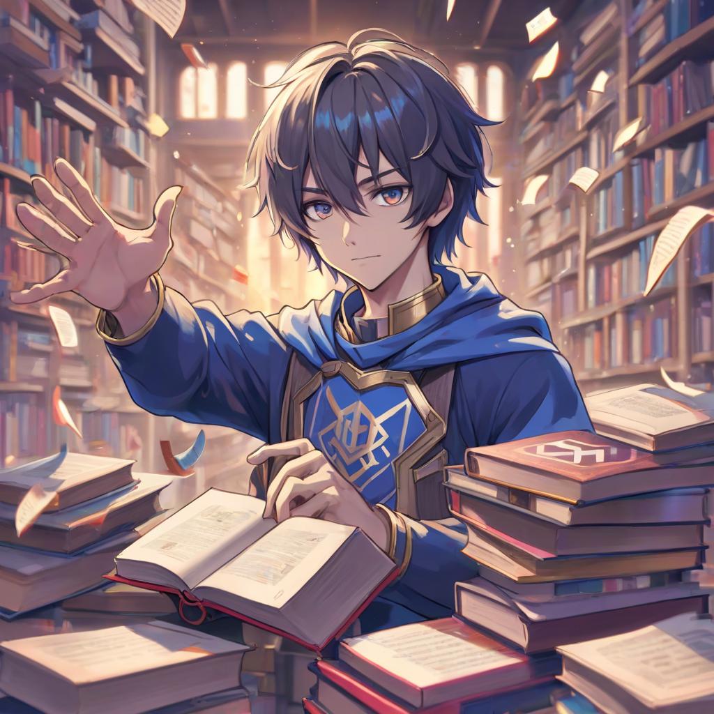  anime artwork draw lancelot out of books holding the twitch logo on his hands . anime style, key visual, vibrant, studio anime, highly detailed