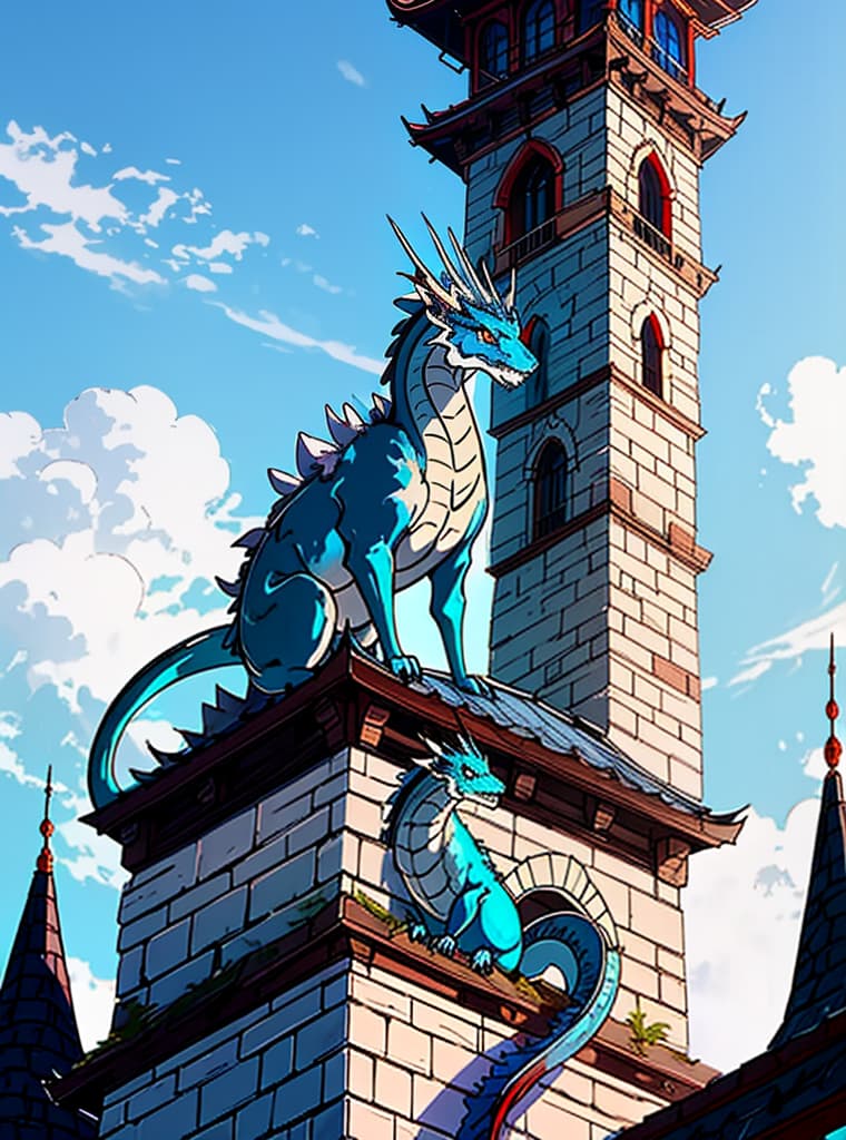  1 blue ghost dragon perched a top a castle tower clever haunted