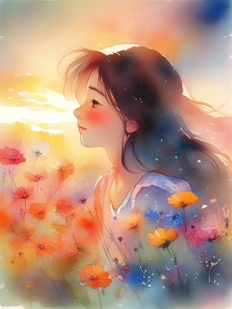  masterpiece,gentle illustration,meadow with cosmos blooming,profile of a very beautiful girl,sunset,high quality,8k