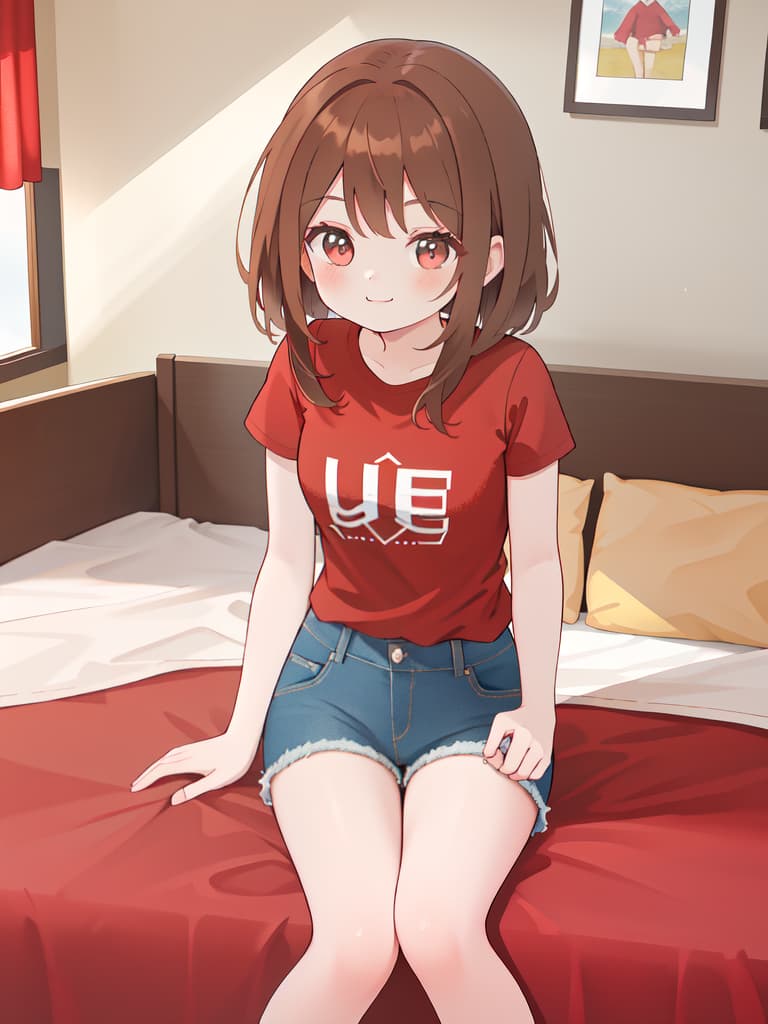  brown hair girl, smile, red t shirt, denim shorts, bed, sitting, masterpiece, best quality,8k,ultra detailed,high resolution,an extremely delicate and beautiful,hyper detail