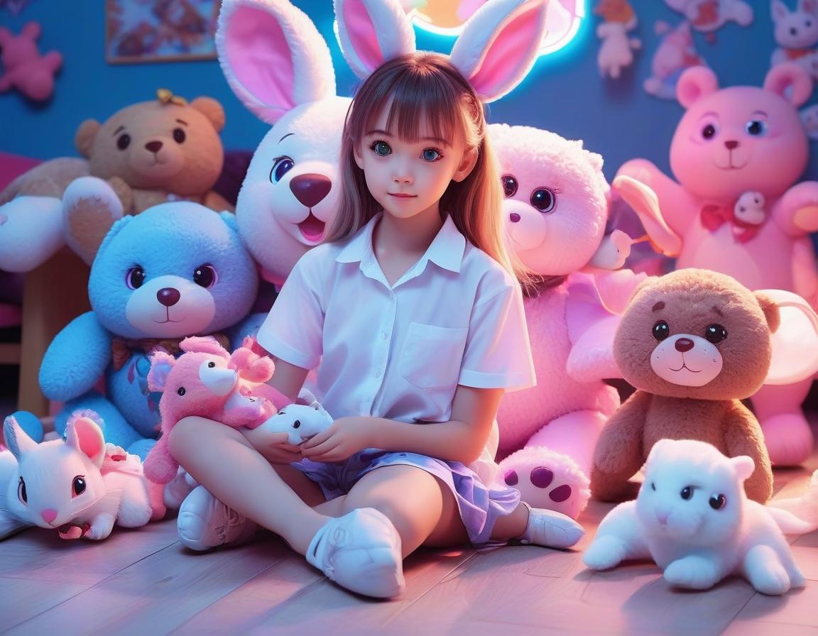  anime artwork a very beautiful girl in a white shirt plays soft toys on the floor, she holds a large bear in her hands, toys lie on the floor a bunny, a squirrel, a bear, a kitten, a dog, a mouse. neon patterns on the girl, on toys, lighting pink, girl's hair blue glowing, eyes blue, cartoons, animation. . anime style, key visual, vibrant, studio anime, highly detailed