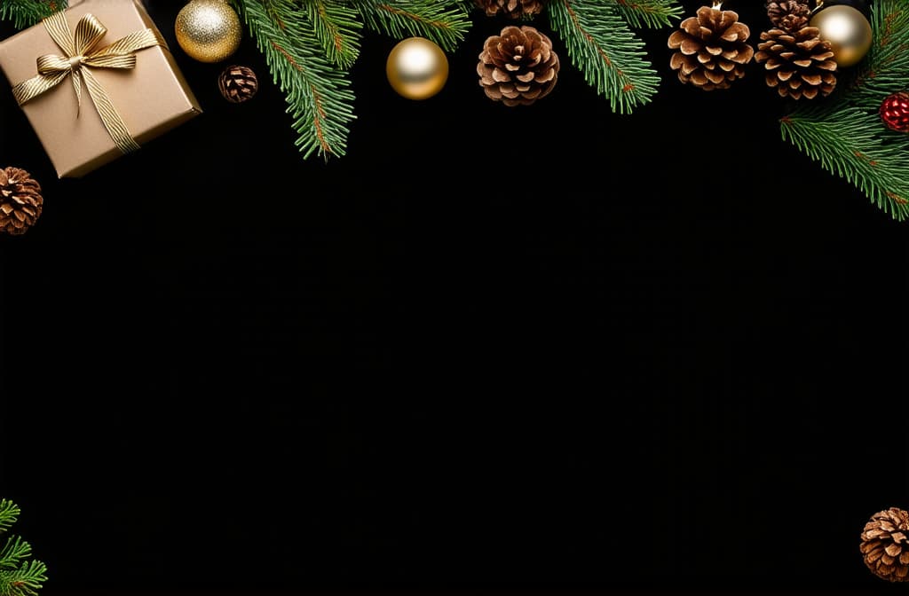  professional detailed photography, christmas new year background with fir branches, pine cones, balls, gift box and ribbons in gold and brown on dark background. flat lay with empty copy space ar 3:2, (muted colors, dim colors, soothing tones), (vsco:0.3)