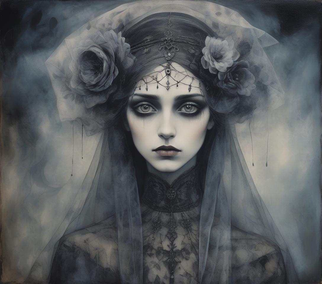  a gothic style portrait of a woman with striking eyes, a black floral headpiece, and veiled headwear that creates a dark, ethereal aura. mysterious girl’s portrait in smoke and gossamer, patchwork nostalgia and impasto, art brut, moody, somber, desaturated colors, in the style of paul klee, arthur rackham, tim burton, banksy