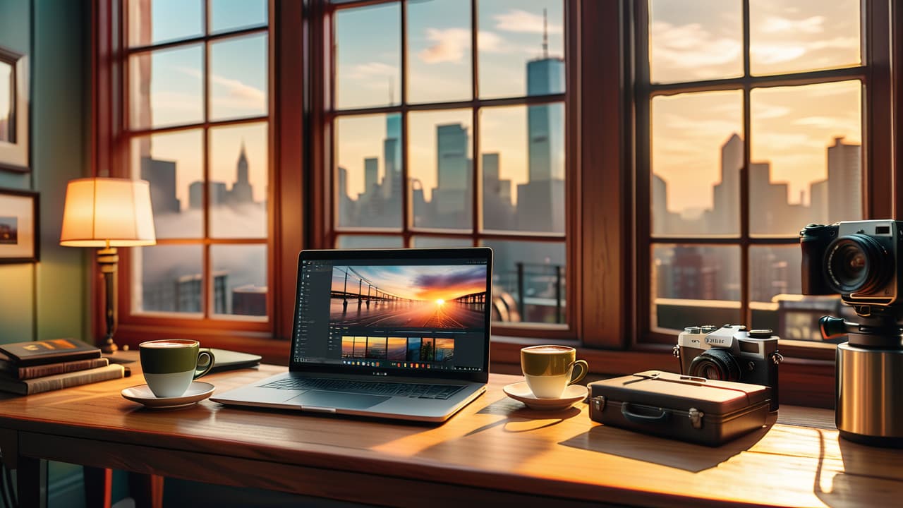  a sunlit workspace featuring a camera on a wooden desk, surrounded by framed photographs, a laptop displaying a photography portfolio, and a steaming coffee cup, with a soft focus window view of a bustling city street. hyperrealistic, full body, detailed clothing, highly detailed, cinematic lighting, stunningly beautiful, intricate, sharp focus, f/1. 8, 85mm, (centered image composition), (professionally color graded), ((bright soft diffused light)), volumetric fog, trending on instagram, trending on tumblr, HDR 4K, 8K