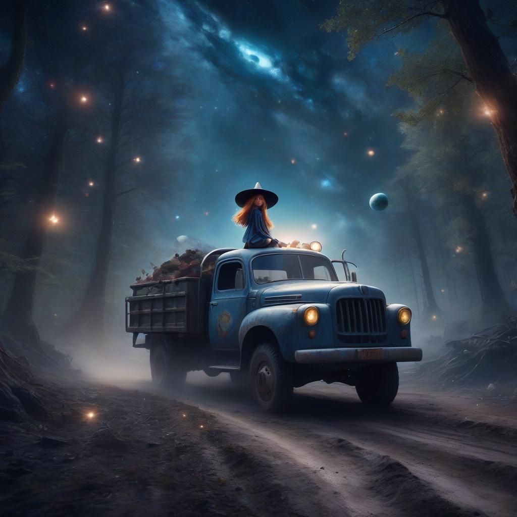  space themed a little witch flies a truck on a dirty forest road, photorealism, 4k . cosmic, celestial, stars, galaxies, nebulas, planets, science fiction, highly detailed