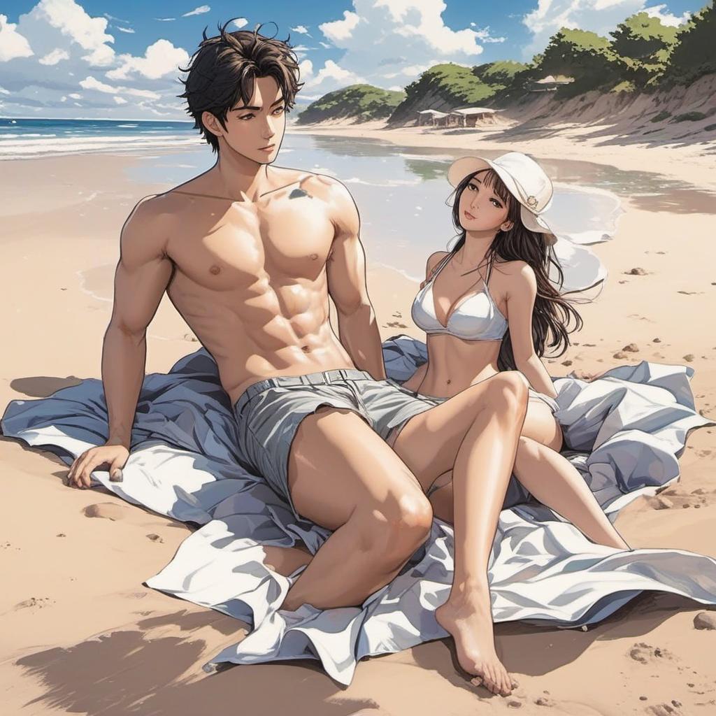  make a picture of a couple at the beach laying down , anime style, manga style, manhwa style