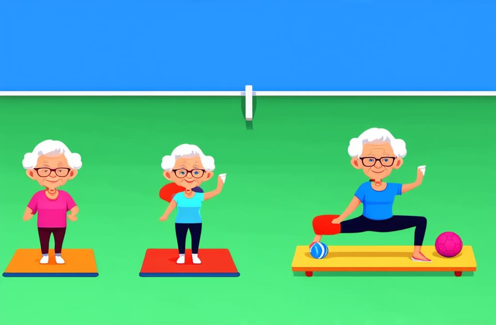  elderly people cartoon characters doing sports, practicing yoga, enjoying aerobics and gymnastics. flat illustration ar 3:2 {prompt}, maximum details