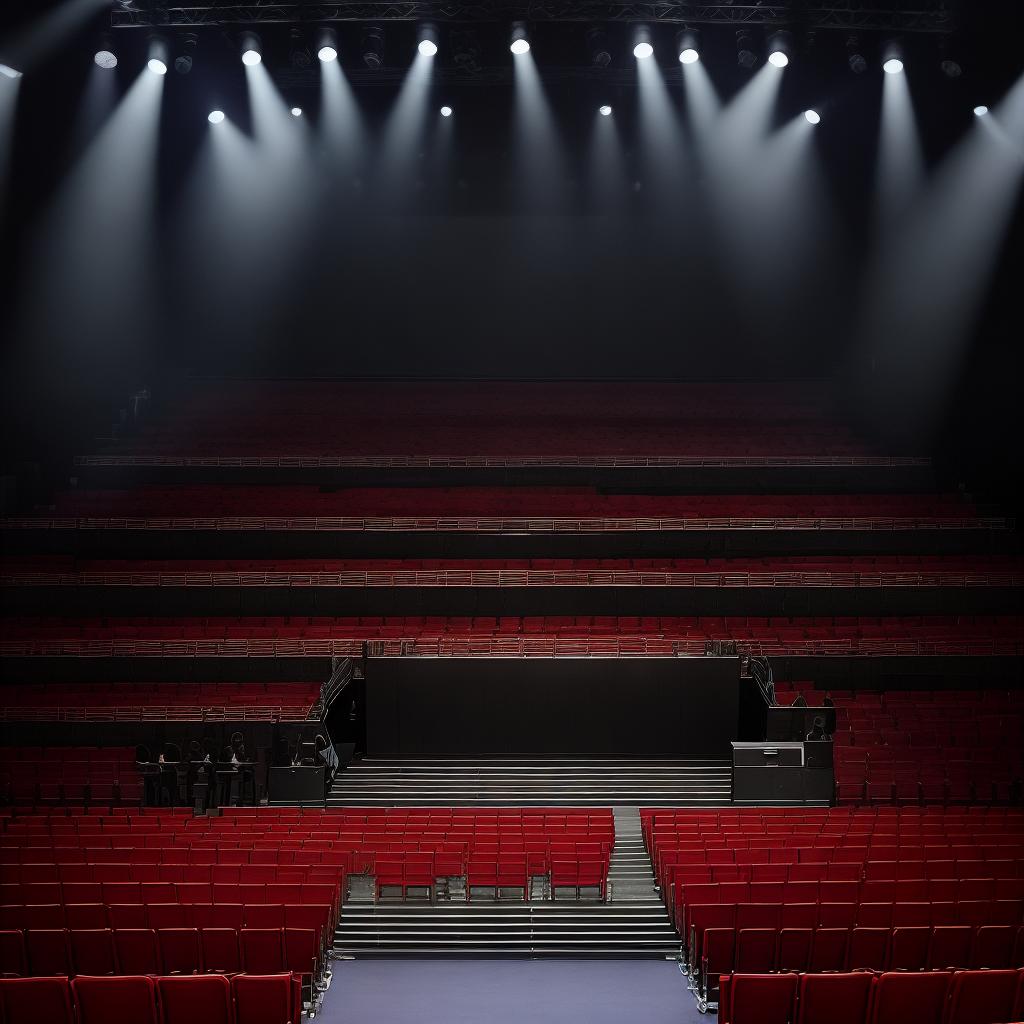  masterpiece, best quality, An empty stage, with a sea of audience members beyond, waiting and watching the stage in anticipation of the show.