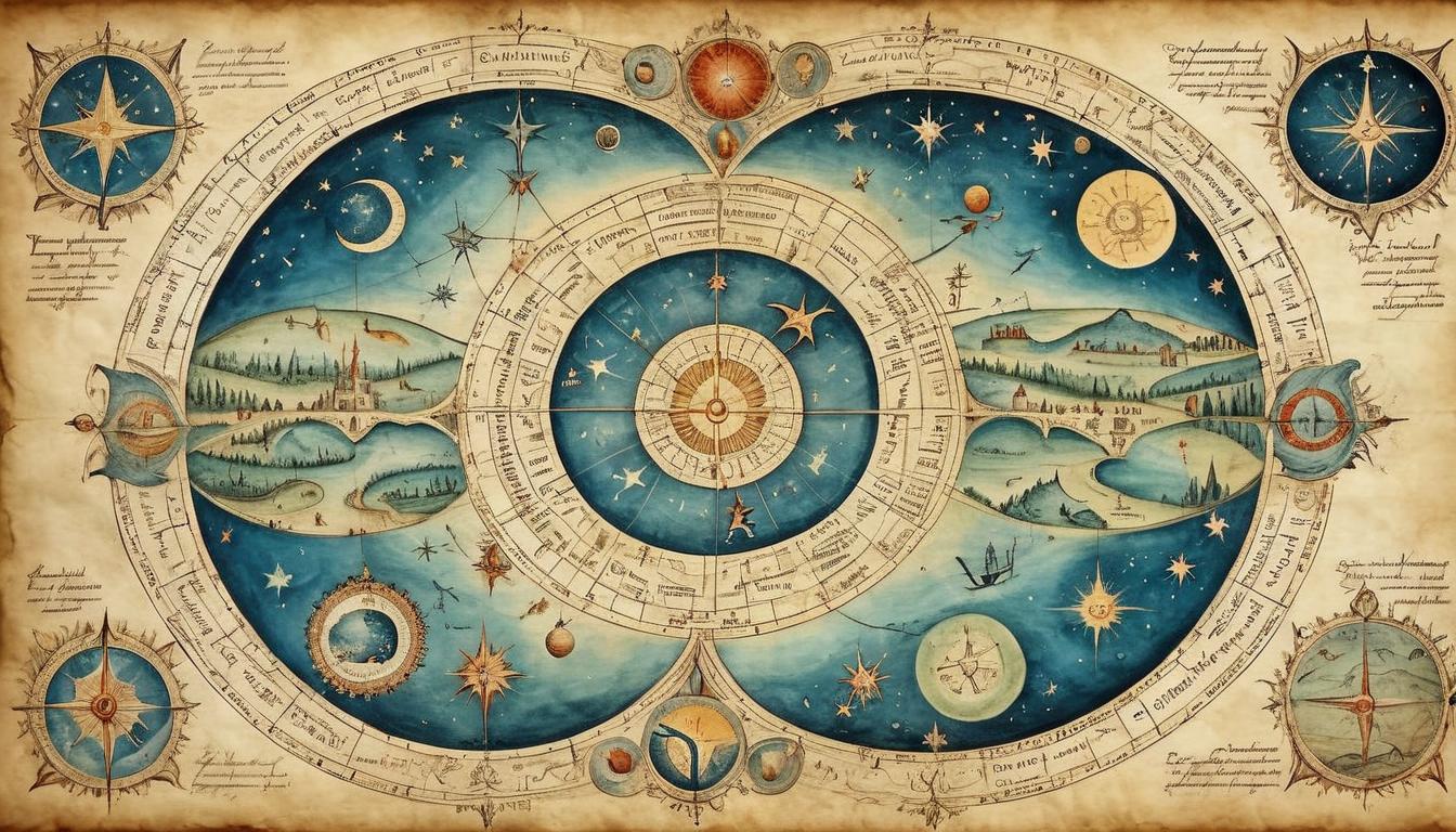  on parchment, surrealism+++, a celestial map, glowing pathways, central radiant point, sense of destiny, cosmic significance(mysterious, provocative, symbolic,muted color)+++