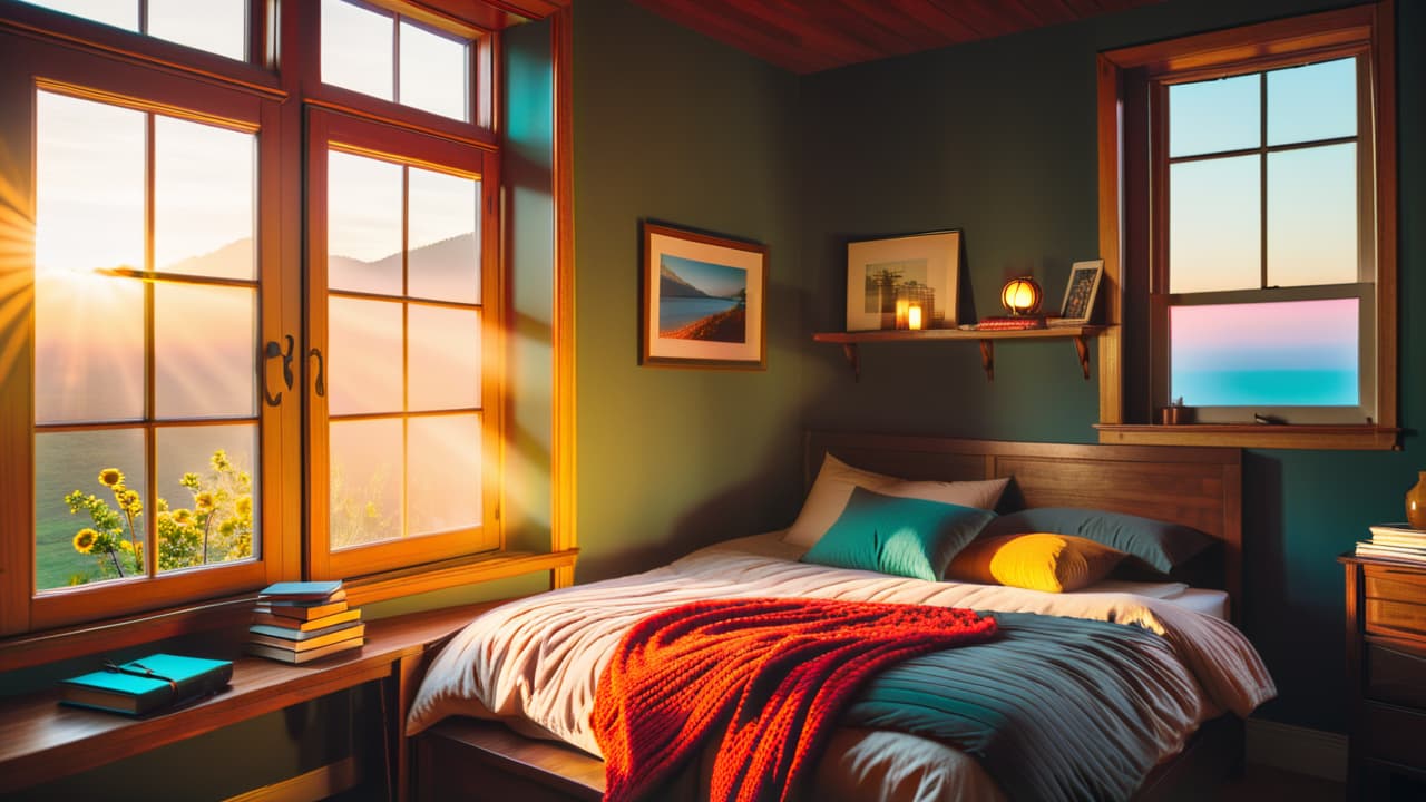  a serene morning scene featuring a cozy bedroom with a sunlit window, an open planner with colorful notes, a cup of steaming coffee, a peaceful meditation corner, and a vibrant sunrise illuminating the atmosphere. hyperrealistic, full body, detailed clothing, highly detailed, cinematic lighting, stunningly beautiful, intricate, sharp focus, f/1. 8, 85mm, (centered image composition), (professionally color graded), ((bright soft diffused light)), volumetric fog, trending on instagram, trending on tumblr, HDR 4K, 8K