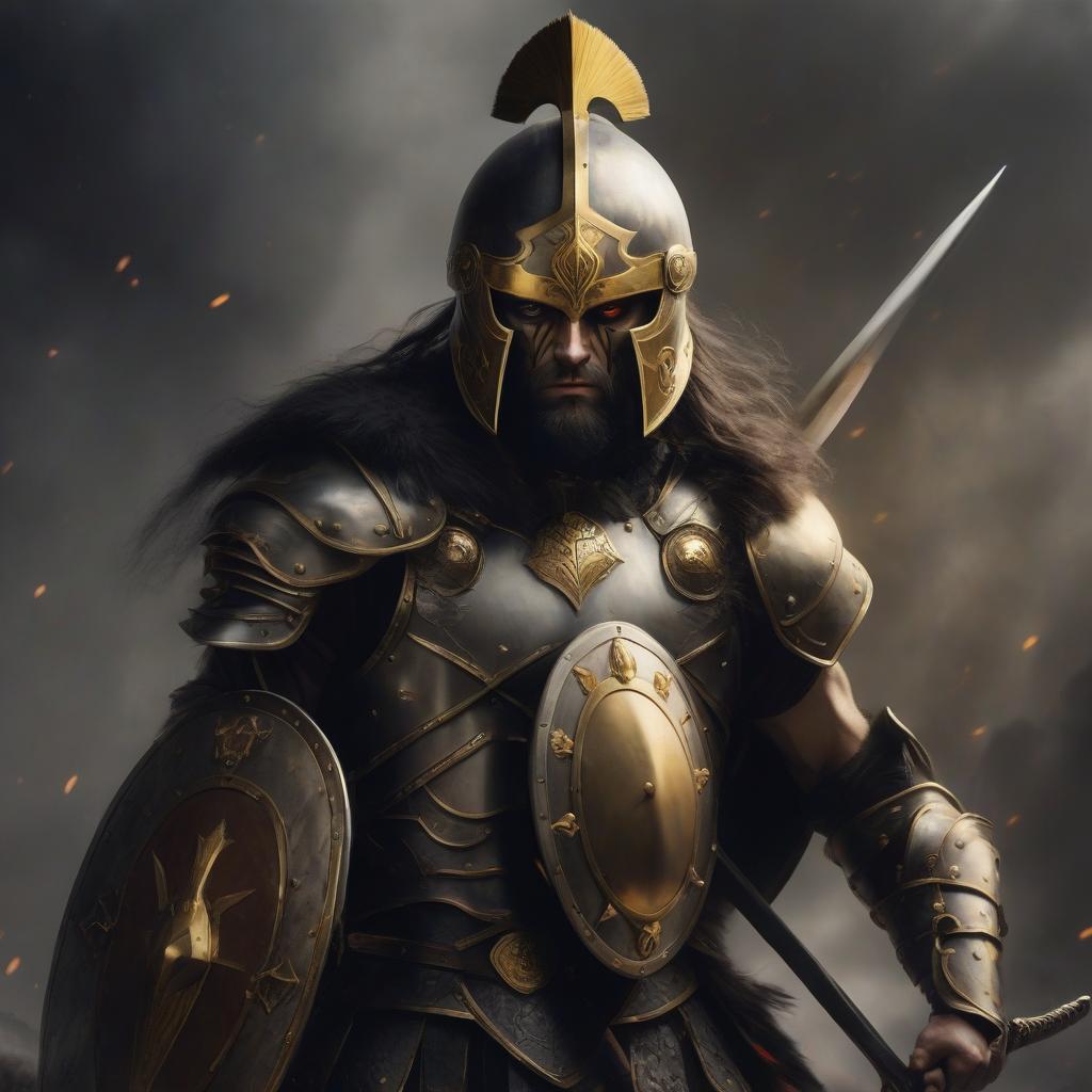  warrior in a helmet with a shield with golden eyes