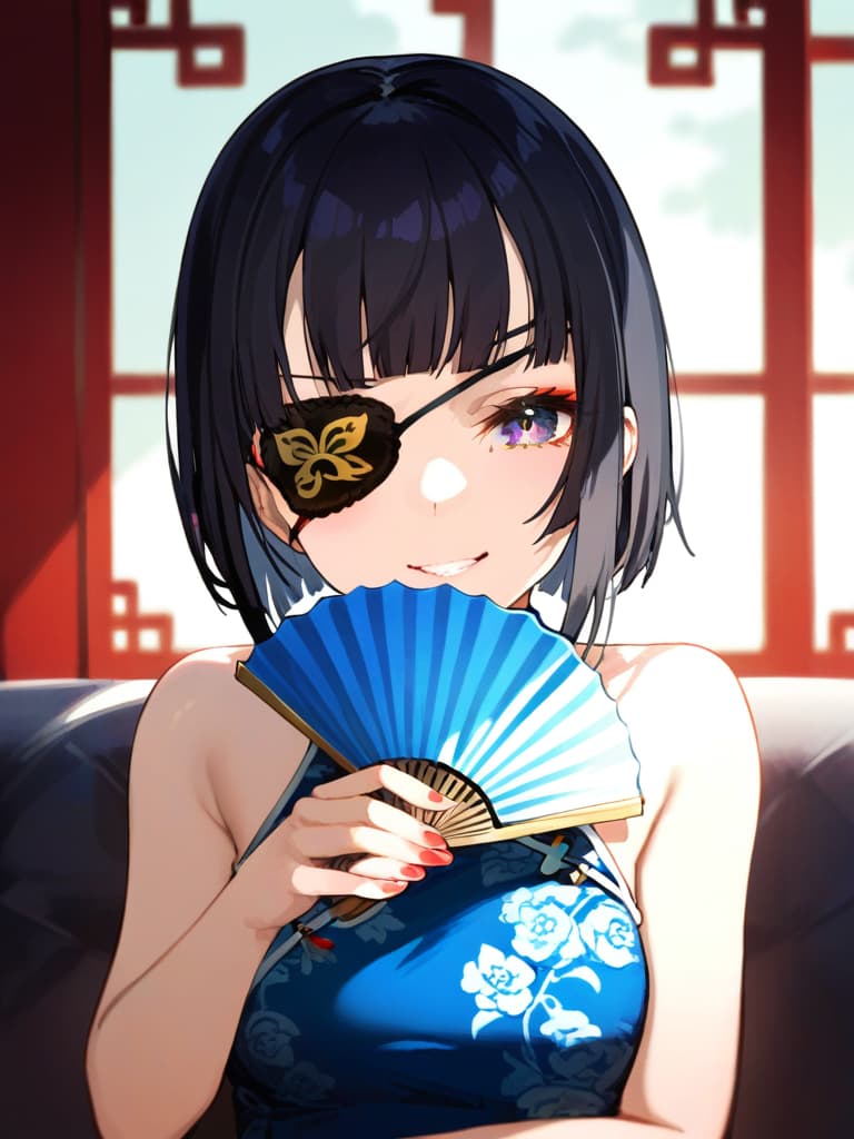  ultra detailed:1.2,masterpiece:1.2,best quality,masterpiece,bestquality,hdr:1.1,8k:1.1,very cute girl:1.3,(black hair,bob cut,long hair,blunt bangs:1.4),((white china dress,japonica pattern:1.5)),(chinaese makeup:1.6),((redrose object eyepatch:1.6))(seductive smile,grin:1.1),(sitting couch:1.3)((cross legs:1.3)),(head rest:1.3),(holding open handfan:1.7)(upper body,face focus:1.4)