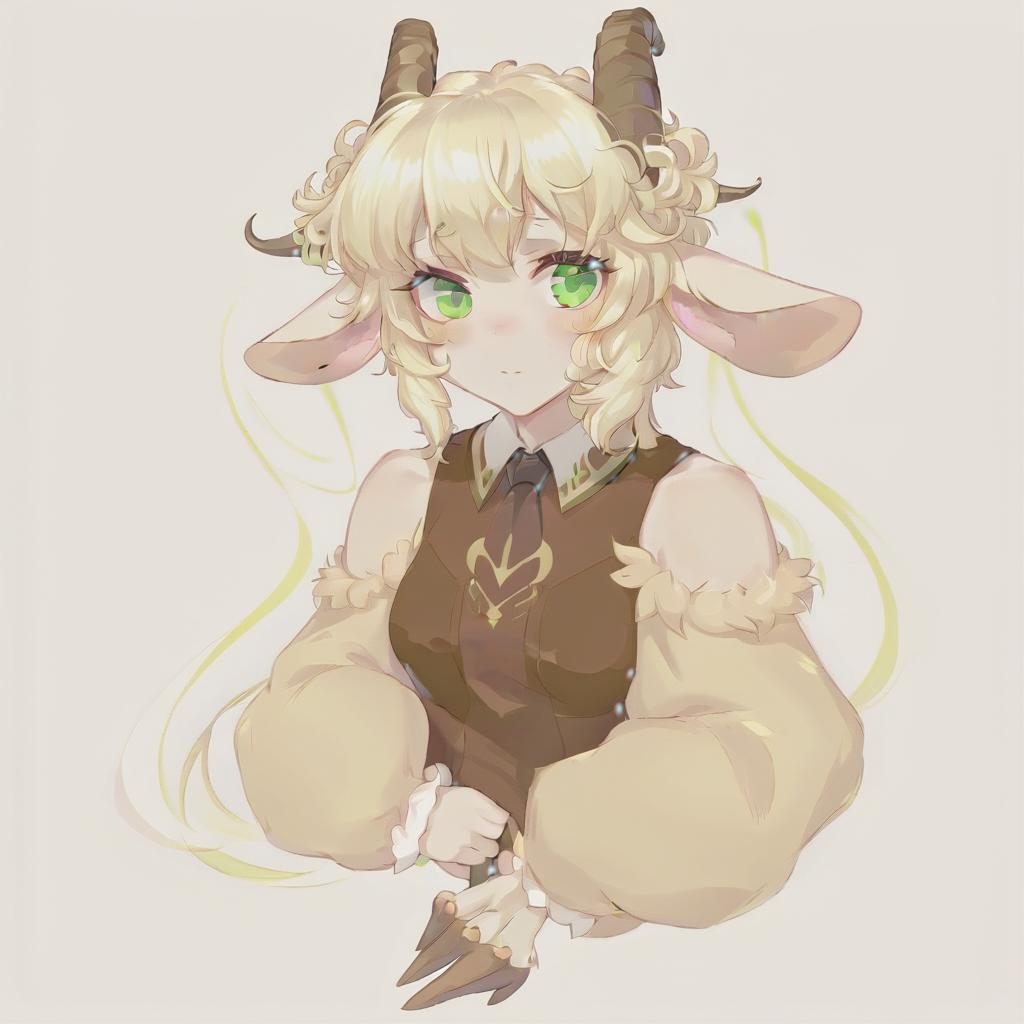  anime artwork anthropomorphic goat, blonde, long hair, curls, bangs, dressed in fairy core style, green eyes. a picture is an avatar for vitubing, neutral color background . anime style, key visual, vibrant, studio anime, highly detailed