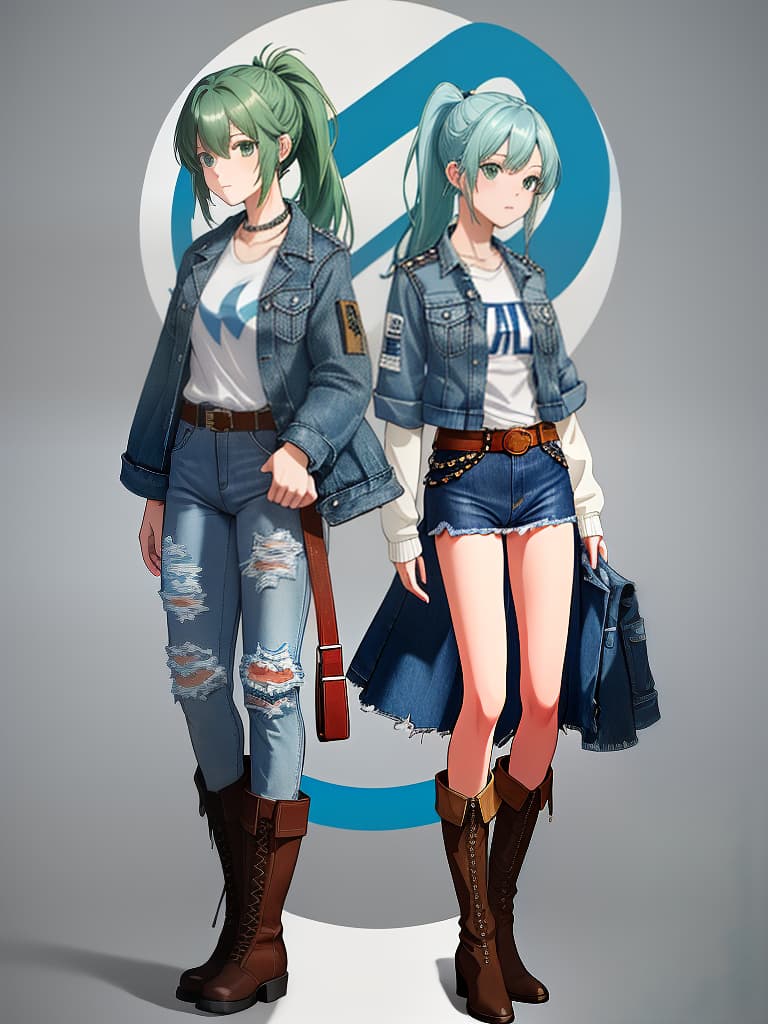  (blue,white,brown color palette:1.3),break,(blue denim jacket:1.4),(green hair),(long ponytail hair)(white graphic tee:1.2),denim skirt,(brown boots:1.2),(studded belt:1.2)