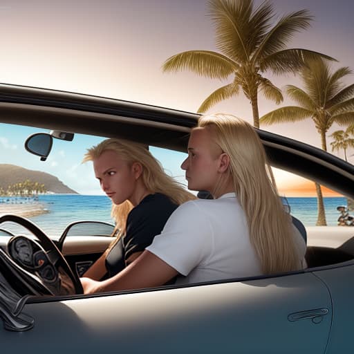  a young man with bristles, in a shirt with palm trees, and a girl blonde without a peñoir are sitting in an expensive porsche, side view full face, background ocean waves, bright sun, adventurous , wild , captivating , by david yarrow, nick brandt, art wolfe, paul nicklen, joel sartore