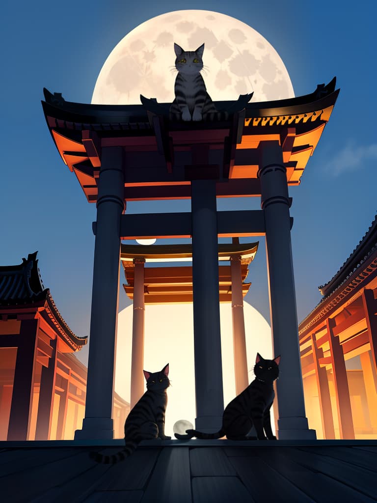  full moon, one cat, on the roof of the temple, sit down, look at the moon,