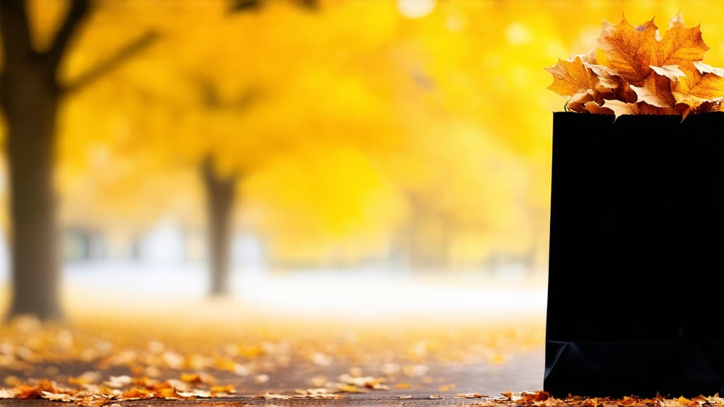  autumn blurred background. on the right in 1/3 of the image there is 1 black paper bag with shopping. on the left 2/3 of empty space for text ar 16:9 {prompt}, maximum details