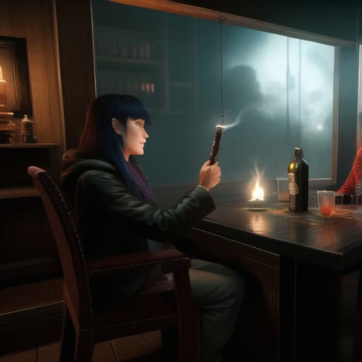  old souled demon man giving a tarot reading to a immature young souled woman within a drug den smoking meth in a glass bubble like device with use of a torch, award winning artwork, ultra detailed, hyper focus, high res, unreal engine, masterpiece,, (masterpiece, best quality:1.5), HDR 4K, 8K