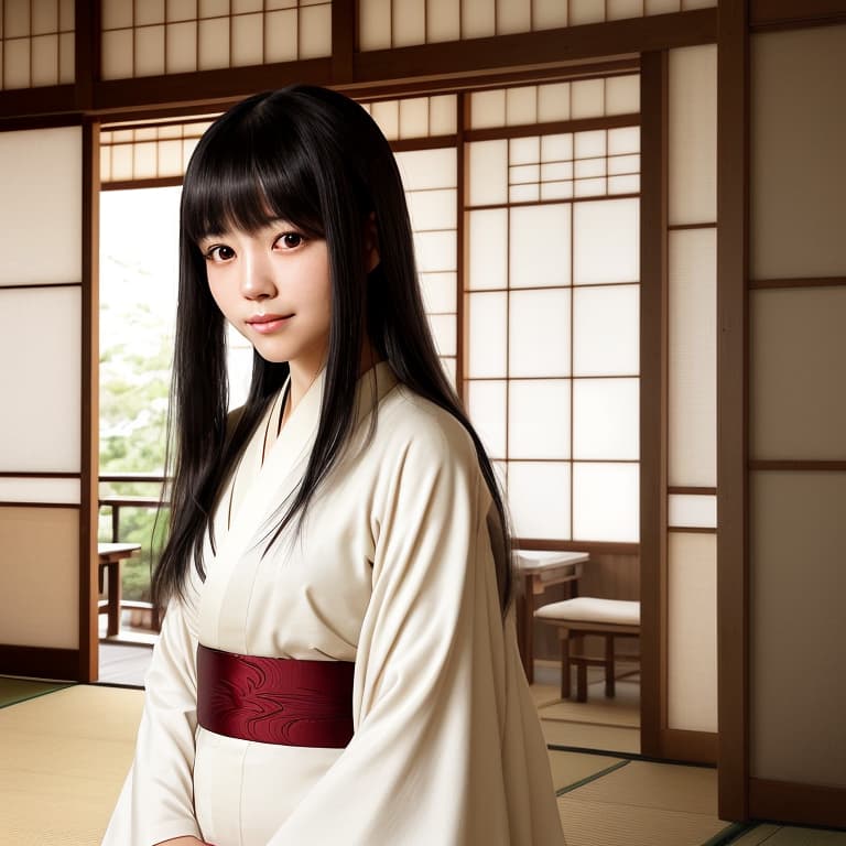  a serene, natural light portrait of a young japanese woman with long, straight black hair and soft bangs, wearing a light, traditional kimono. she has large, expressive brown eyes, soft natural makeup, and a gentle, calm expression with a cute, smiling face. she is facing directly forward, with her face fully visible. the background features a traditional japanese wooden interior with sunlight filtering through shoji screens, creating a warm and peaceful atmosphere.