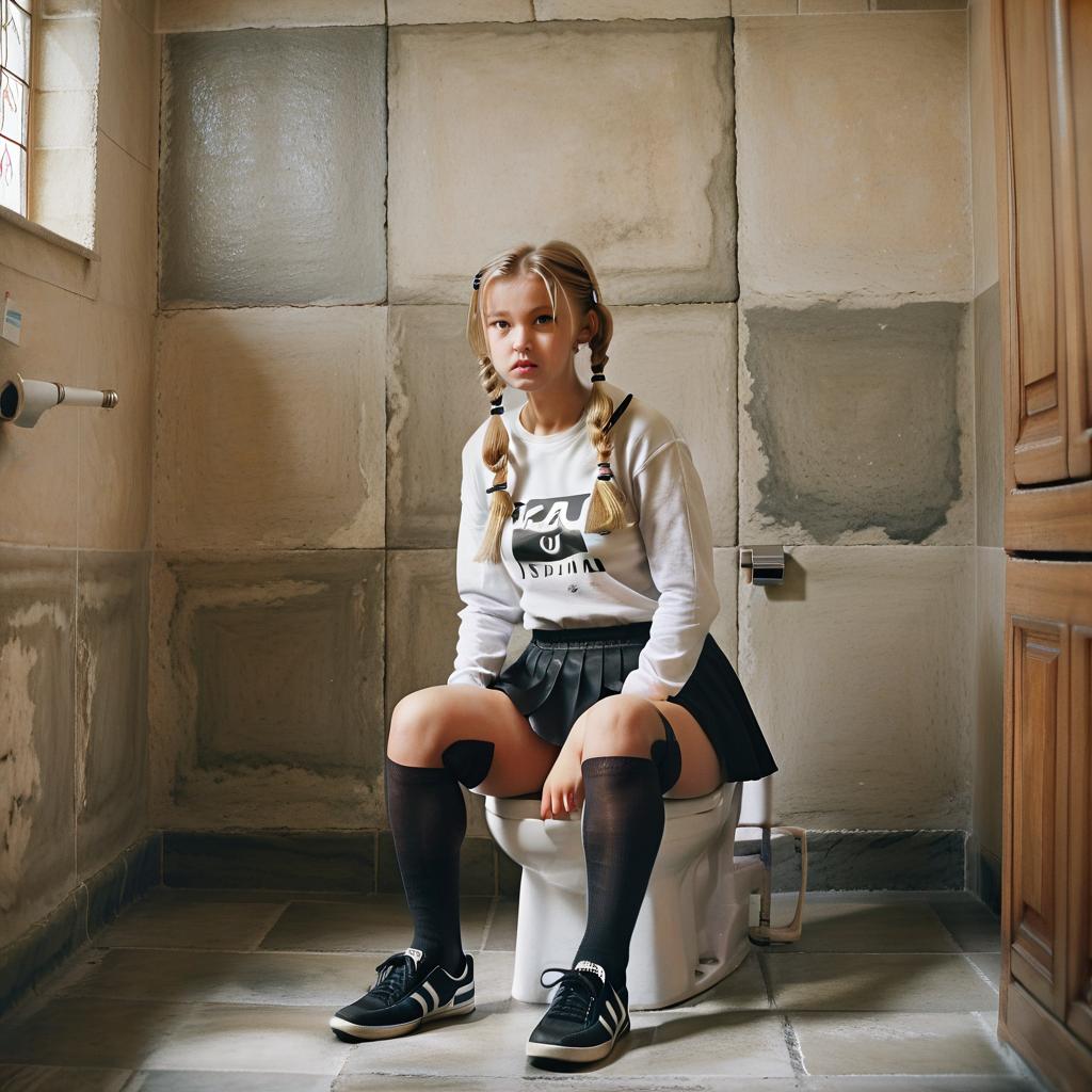  cinematic photo realistic photo, girl, sitting on a square toilet, blond hair, pigtails, shirt, skirt, tall black stockings, sneakers, large room, stone walls, stone floor. . 35mm photograph, film, bokeh, professional, 4k, highly detailed, film photography style