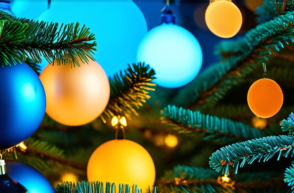  professional detailed photography, lights and blue background of christmas bauble bokeh effect, in the style of light orange and dark gold ar 3:2, (muted colors, dim colors, soothing tones), (vsco:0.3)