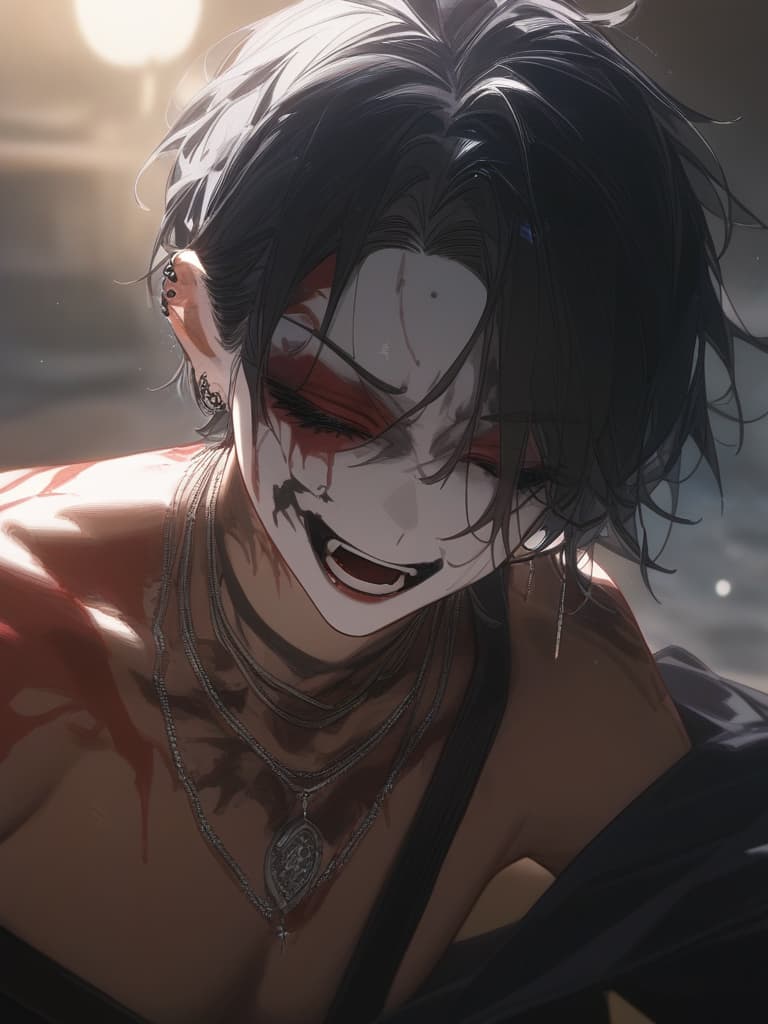  darkness, wake up, tattoo, tattoo, tattoo, cigarettes, piercings, necklaces, darkness, illness, boy, zombie makeup, dark king, fallen angel, las boss character, the laughter of the strong, the championship, masterpiece, best quality,8k,ultra detailed,high resolution,an extremely delicate and beautiful,hyper detail