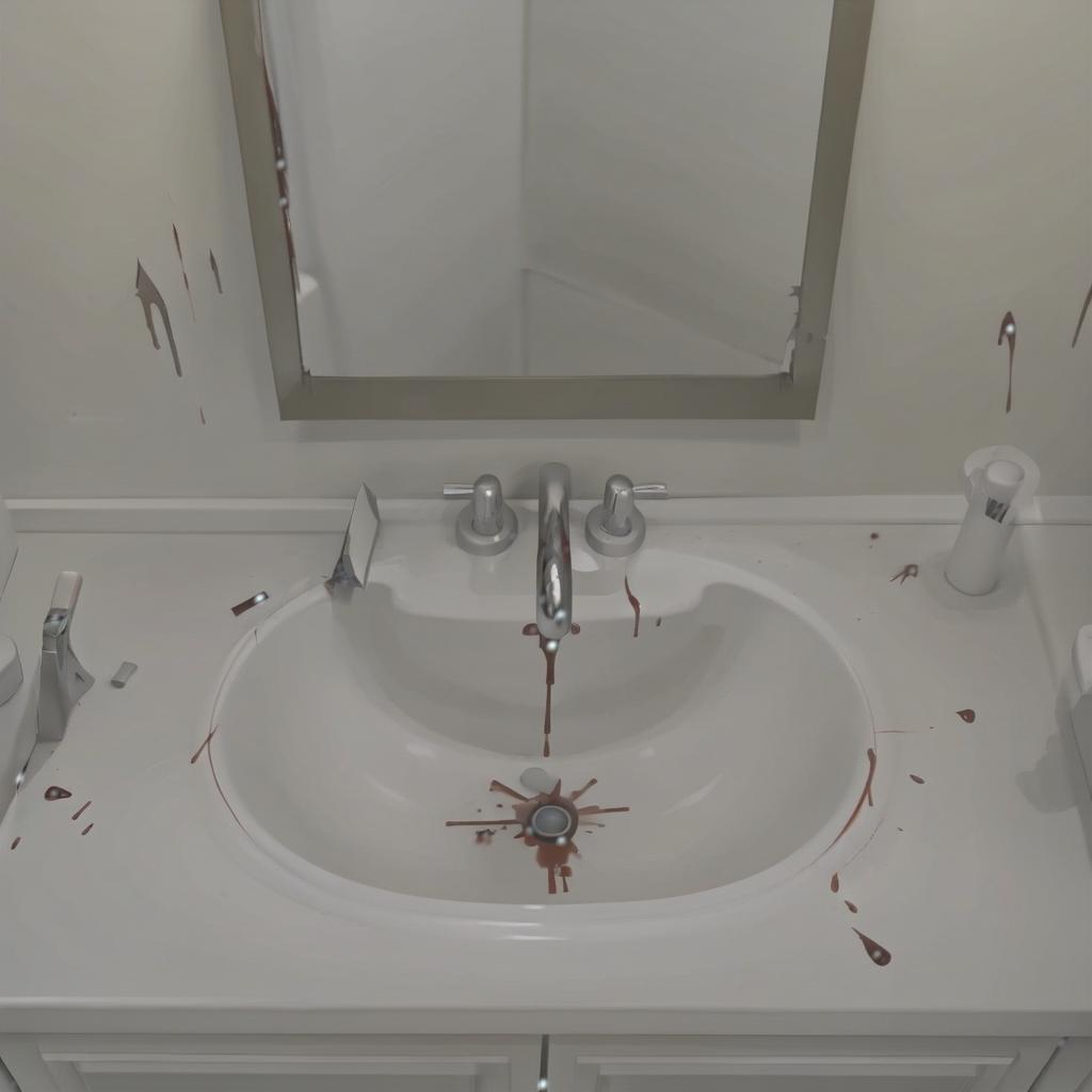  a white sink in front of a mirror, with a bleeding razor blade in the sink.