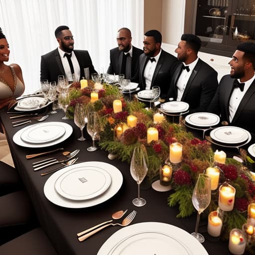  black and brown men and women experiencing unity and fellowship and at long formal dining table with large wine glasses raised hyperrealistic, full body, detailed clothing, highly detailed, cinematic lighting, stunningly beautiful, intricate, sharp focus, f/1. 8, 85mm, (centered image composition), (professionally color graded), ((bright soft diffused light)), volumetric fog, trending on instagram, trending on tumblr, HDR 4K, 8K