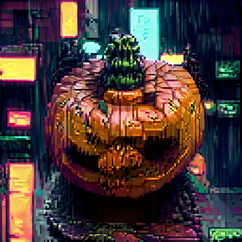  neon noir halloween pixelated pumpkin . cyberpunk, dark, rainy streets, neon signs, high contrast, low light, vibrant, highly detailed, civitai