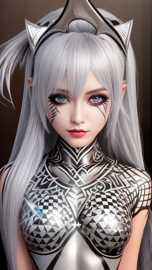  Chessboard check body paint in every corner of the body, Silver body paint all over the body,Silver face paint on the face, Dark elf 女の子