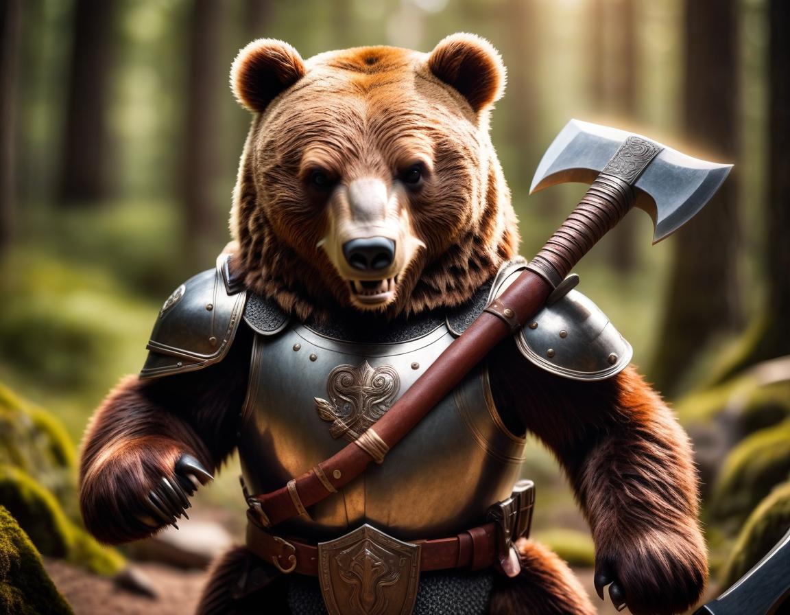  cinematic film still battle bear, animal grin, holds an ax in his hands, in armor, in full growth . shallow depth of field, vignette, highly detailed, high budget, bokeh, cinemascope, moody, epic, gorgeous, film grain, grainy