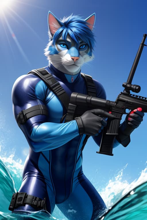  Cat anthro, Male, Big muscles, Royal Blue fur, Royal Blue hair, neon Blue eyes, Skintight neoprene suit, water, tactical gear, diving gear, rifle, open eyes, digital art, masterpiece, 4k, fine details,