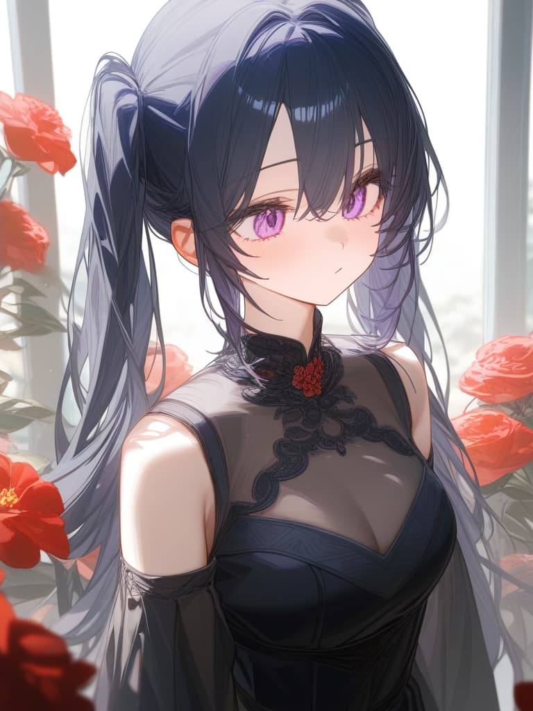  twin tails, purple eyes, red flowers, black dresses, dull light blue hair, masterpiece, best quality,8k,ultra detailed,high resolution,an extremely delicate and beautiful,hyper detail