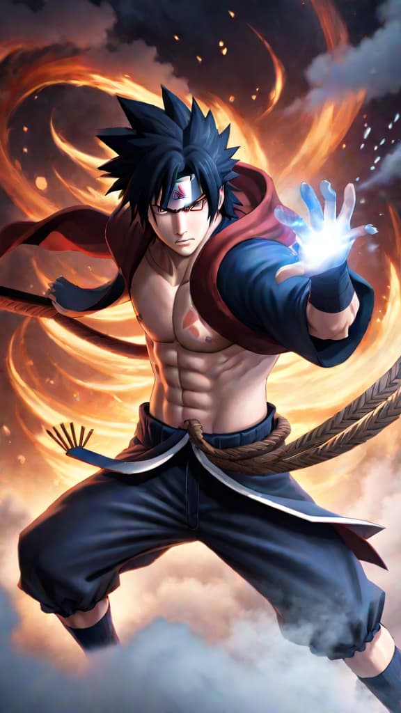  anime art: sasuke uchiha from naruto, mastering susanoo and eternal mangekyō, evolving immensely in power. hyperrealistic, full body, detailed clothing, highly detailed, cinematic lighting, stunningly beautiful, intricate, sharp focus, f/1. 8, 85mm, (centered image composition), (professionally color graded), ((bright soft diffused light)), volumetric fog, trending on instagram, trending on tumblr, HDR 4K, 8K