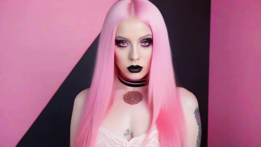  4 age women,full body shot ,full body portrait horrifying scary pale long pink hair ,full white eyes, black lips, black dripping eyeshadow tattoos,in pink cotton with pink trim