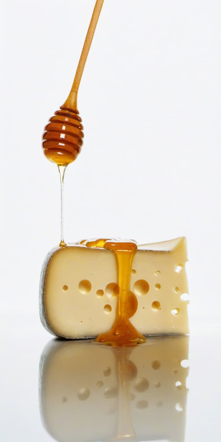  cheese is watered with honey, there is a reflection from cheese, white background, film photography style