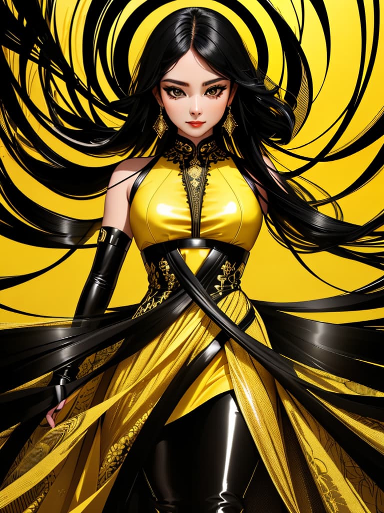  Golden yellow and sleek black color palette, captivating and inviting expression, exuding elegance and charm, magnetic beauty, intricate details, high contrast, luxurious feel, digital art, female, glossy finish, striking composition, dynamic lighting to enhance features.