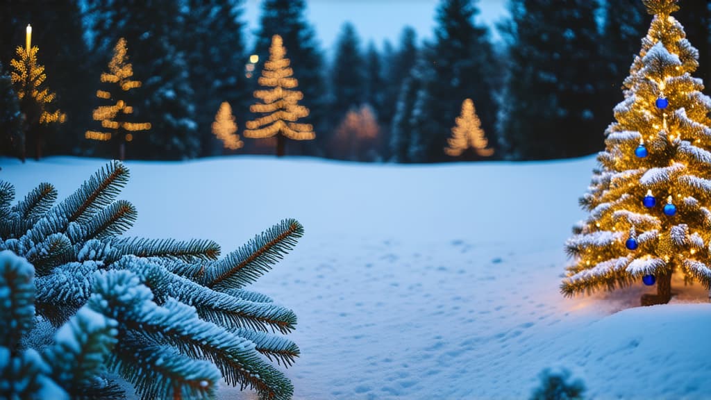  professional detailed photography, sparkling lights on a snowy landscape for a christmas background ar 16:9, (muted colors, dim colors, soothing tones), (vsco:0.3)