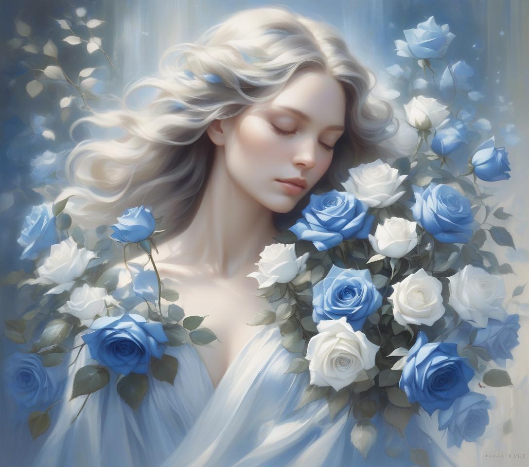  a serene woman with flowing hair holds blue and white roses, surrounded by soft light and delicate leaves, embodying grace and beauty in a captivating portrait