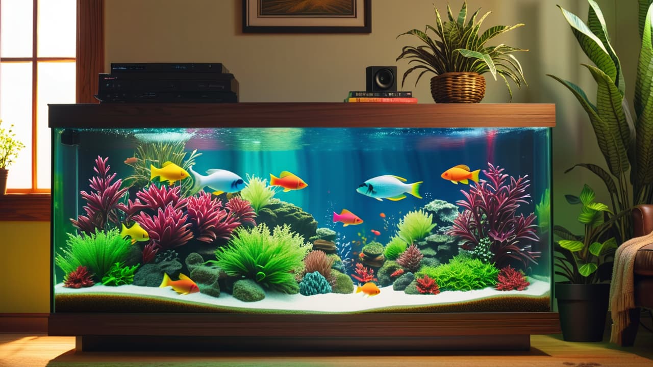  a vibrant fish tank filled with colorful fish, lush aquatic plants, and intricate decorations, with visible equipment like filters and heaters, set against a cozy living room backdrop with warm lighting and a wooden shelf. hyperrealistic, full body, detailed clothing, highly detailed, cinematic lighting, stunningly beautiful, intricate, sharp focus, f/1. 8, 85mm, (centered image composition), (professionally color graded), ((bright soft diffused light)), volumetric fog, trending on instagram, trending on tumblr, HDR 4K, 8K