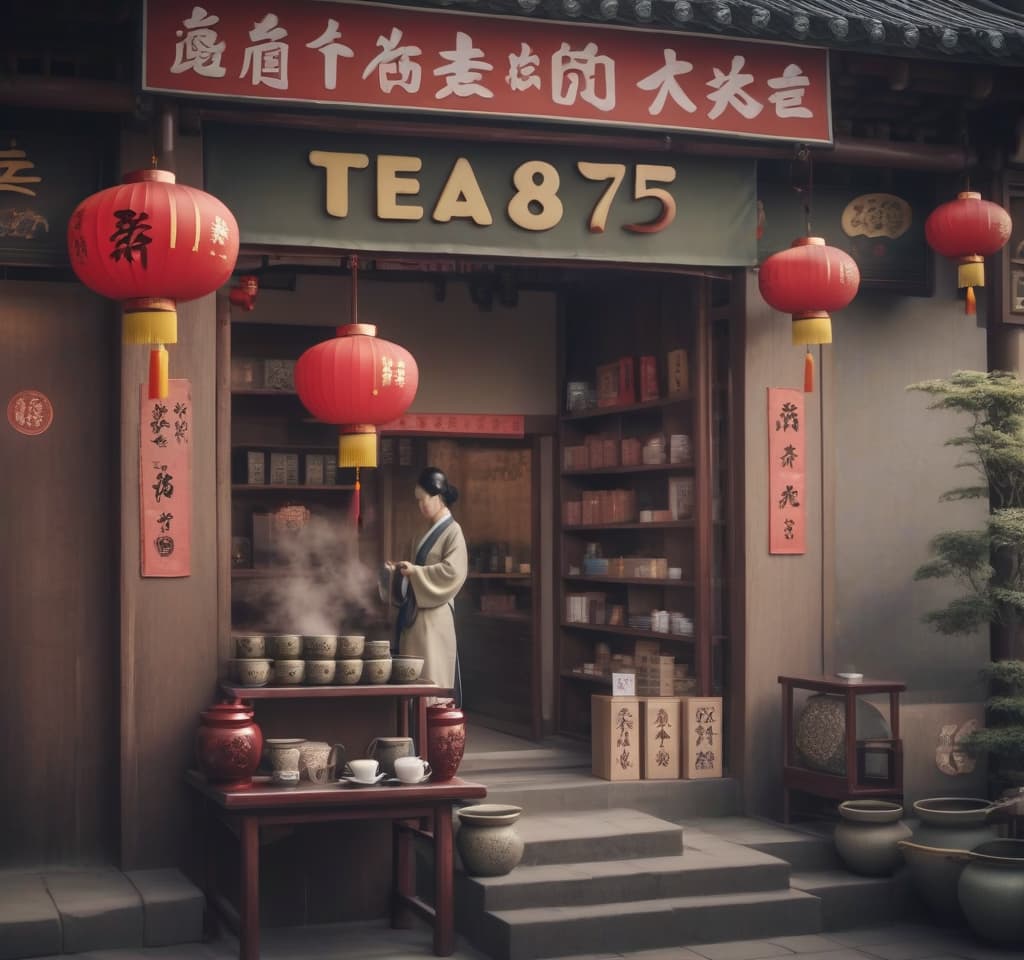  chinese town, tea store, tea ceremony, sign text “tea875”, epic foto, 4k