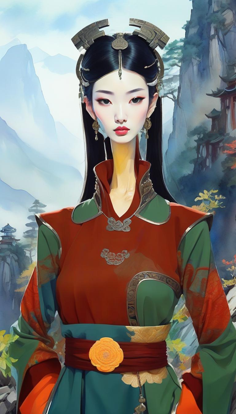  watercolor painting color portrait, (asian temple in the mountains), woman, european appearance, ((long neck)), chinese style of clothing, floral patterns on clothes, ((futuristic metal decorations on the head and neck )). . vibrant, beautiful, painterly, detailed, textural, artistic