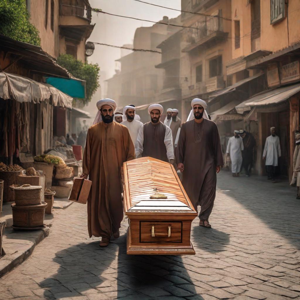  six sad arab men carrying a plain wooden coffin, walking in a street, sad and crying people around them, day light, surreal photo, fujifilm xt3, outdoor, gloom lighting, raw photo, 8k uhd, film grain, unreal engine 5, ray trace. hyperrealistic, full body, detailed clothing, highly detailed, cinematic lighting, stunningly beautiful, intricate, sharp focus, f/1. 8, 85mm, (centered image composition), (professionally color graded), ((bright soft diffused light)), volumetric fog, trending on instagram, trending on tumblr, HDR 4K, 8K