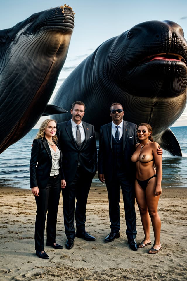  a rich man in a suit with a cigar in his mouth standing beside a big stranded whale with two ladies with out no clothes on the man's side, hq, hightly detailed, 4k