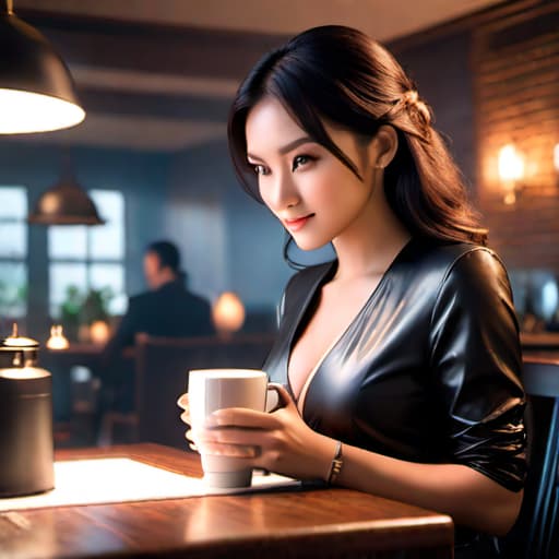  a woman in her 30s enjoying a cup of coffee at her dinner table. the image should be in photorealistic style; and it should look really realistic. hyperrealistic, full body, detailed clothing, highly detailed, cinematic lighting, stunningly beautiful, intricate, sharp focus, f/1. 8, 85mm, (centered image composition), (professionally color graded), ((bright soft diffused light)), volumetric fog, trending on instagram, trending on tumblr, HDR 4K, 8K