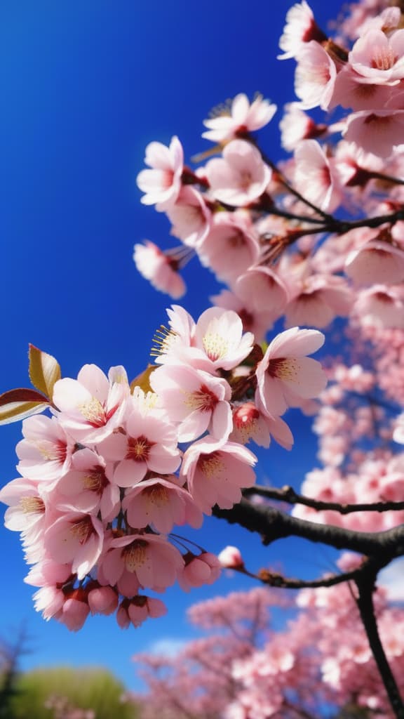  a blooming cherry blossom tree, with delicate pink petals set against a clear dark blue sky.